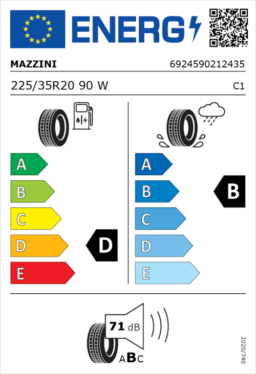 Tyre Label for Mazzini Eco 607 225/35R20 90W